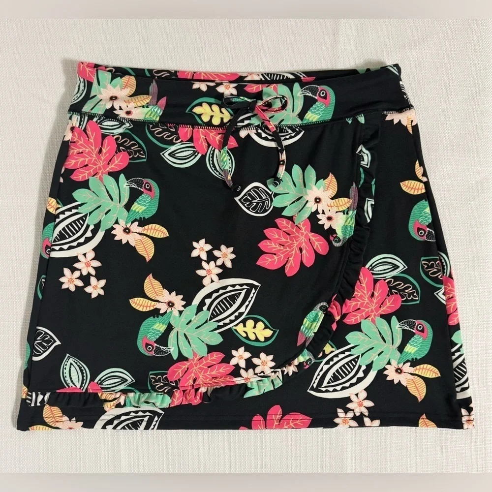 ZELOS Athletic Skort Skirt Faux Wrap Tropical Floral Birds Size Small NWOT